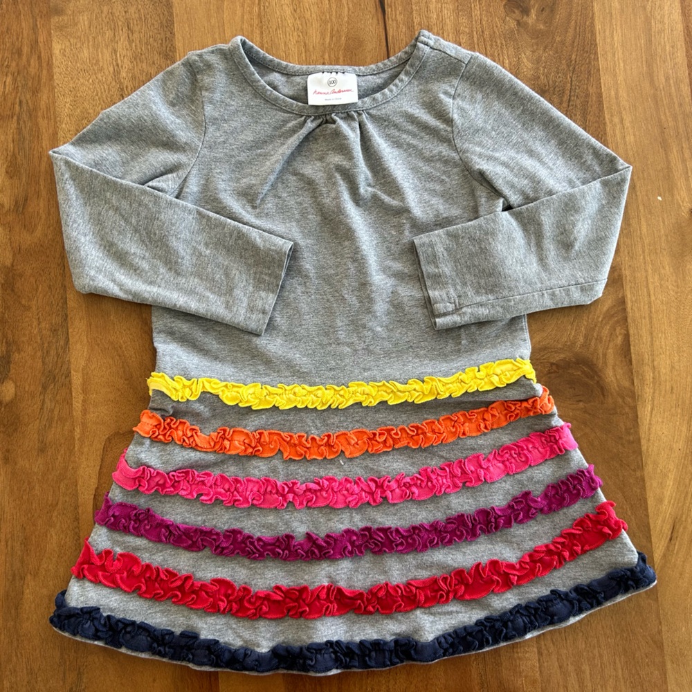 Hanna Andersson Gray Dress with Yellow, Orange, Pink, Purple, Red, Navy Ruffles